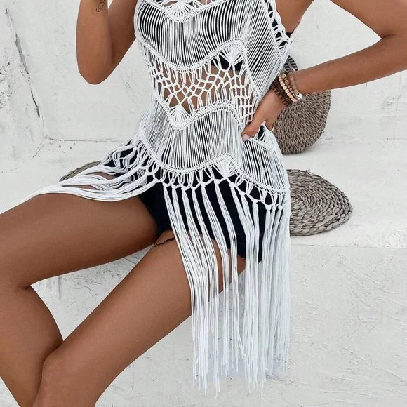 White Boho Womens Hollow Out Fringe Hem Cami Cover Up - Picture 4 of 5